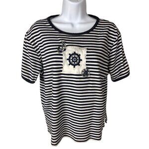 Allison Lane Top Somen Size PL Black White Stripe Nautical Theme Short Sleeve